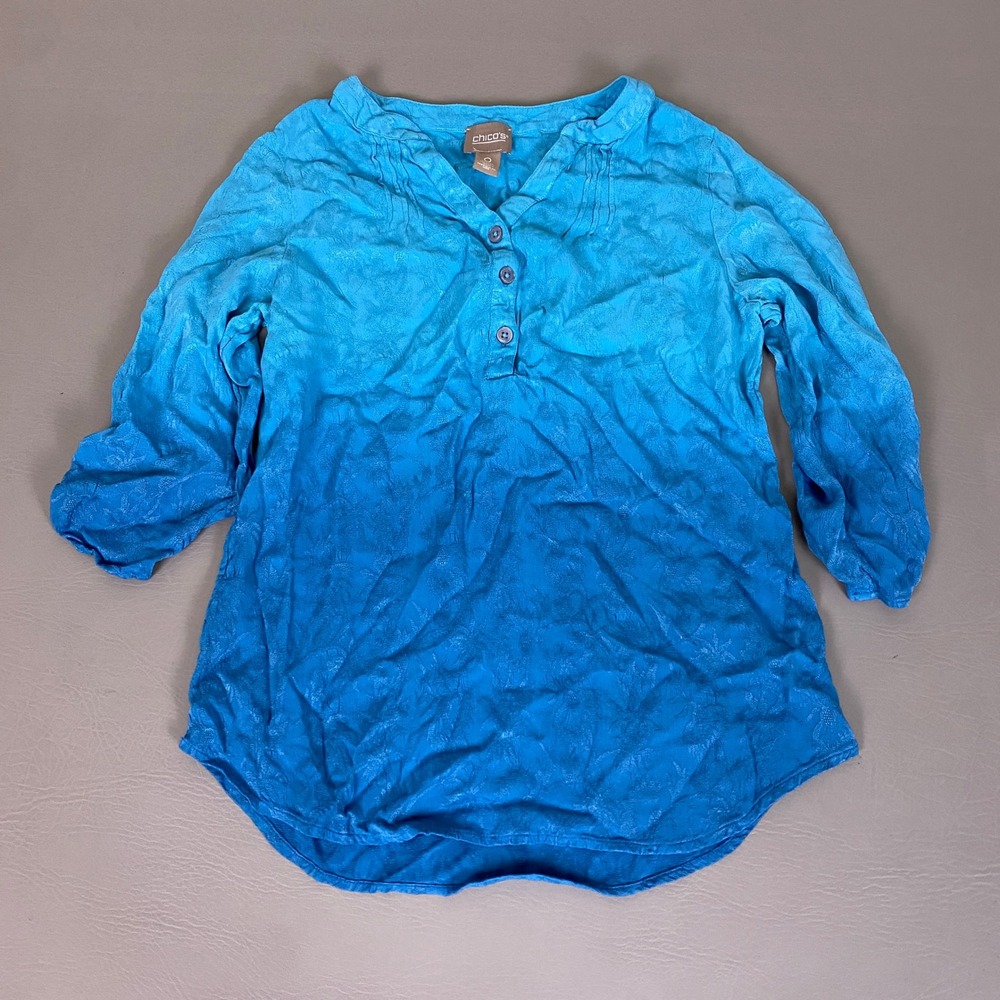 Chicos Henley Blouse Top Size 0 Small Blue Ombre Jacquard Floral 3/4 Sleeve